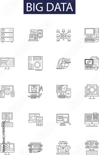 Big data line vector icons and signs. Cloud, Hadoop, Cluster, Machine, AI, Storage, Visualization, Mining outline vector illustration set