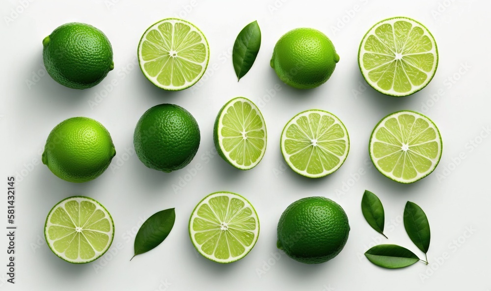  a group of limes cut in half with leaves on a white background.  generative ai