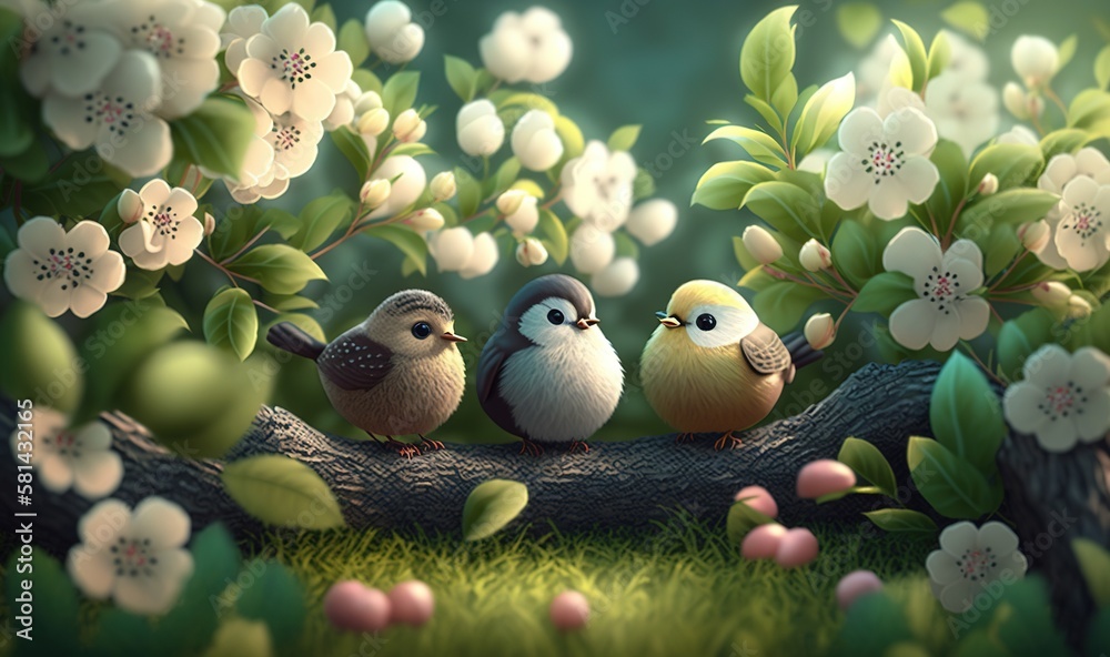 three birds sitting on a branch of a tree with white flowers. generative ai three birds sitting on a branch of a tree with white flowers. generative ai