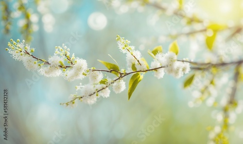  a branch of a tree with white flowers and green leaves. generative ai