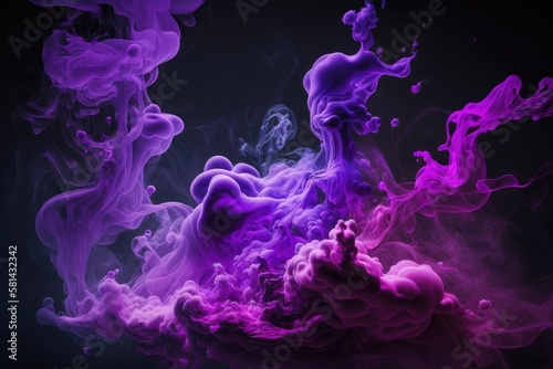 Purple smoke puffs are chaotically blending in an abstract setting on a dark background. Generative AI