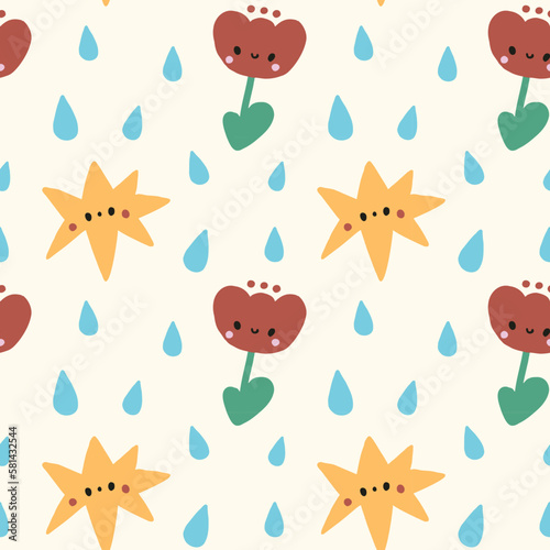 Hand drawn seamless vector kids pattern with abstract shapes, pattern with flowers and raindrops