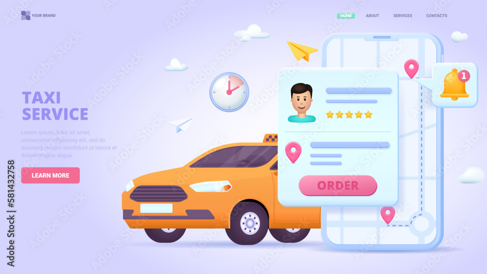 Taxi application, order taxi online. 3d design concept with characters for landing page. Three dimensional vector illustration for website, banner.
