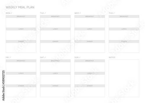 A weekly meal plan design template in a modern, simple, and minimalist style. Note, scheduler, diary, calendar, planner document template illustration.