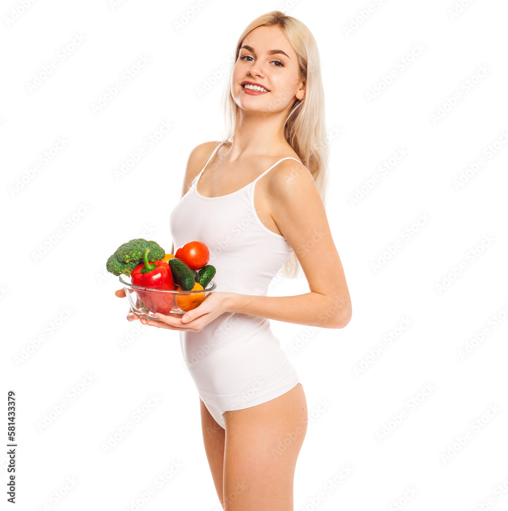 Portrait of young blonde woman on isolated white background