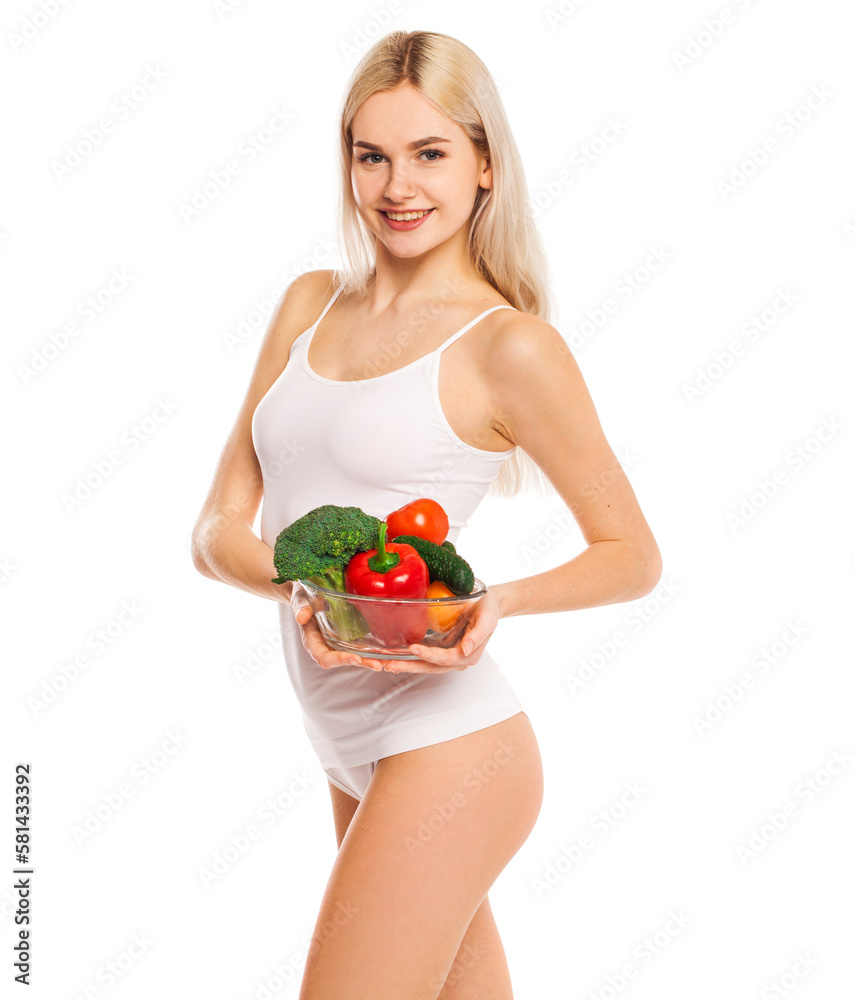 Portrait of young blonde woman on isolated white background