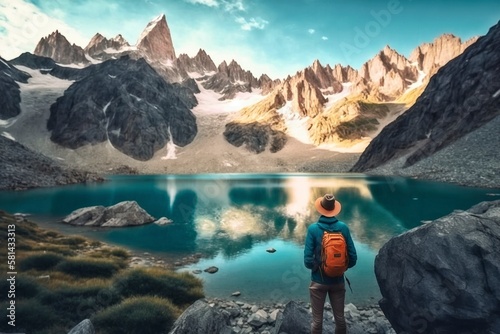 A man stands atop a rocky cliff, admiring the beautiful view of a lake and mountains