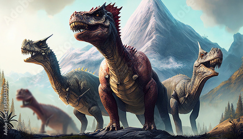 Species of dinosaurs in the nature. Tyrannosaurus Rex dinosaur 3d render illustration.