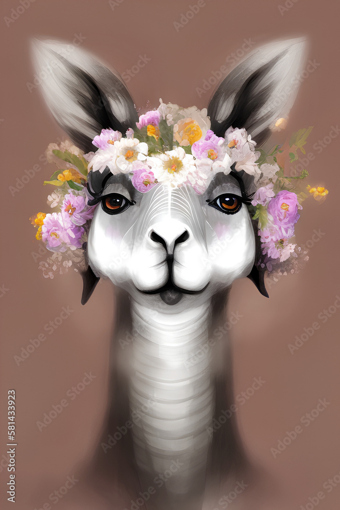 Front view closeup portrait of a lovely lama with flowers on a plain background, illustration. generative AI Front view closeup portrait of a lovely lama with flowers on a plain background, illustration. generative AI