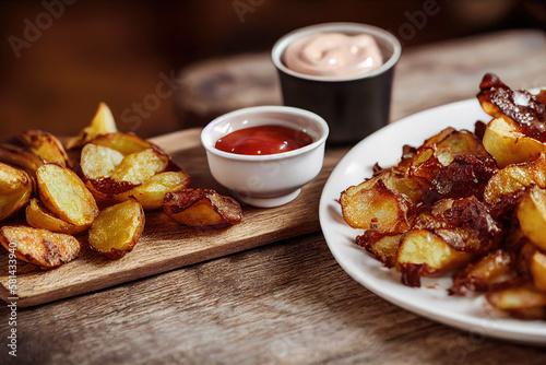 Delicious rustic potatoes with sauce created with Generative AI technology