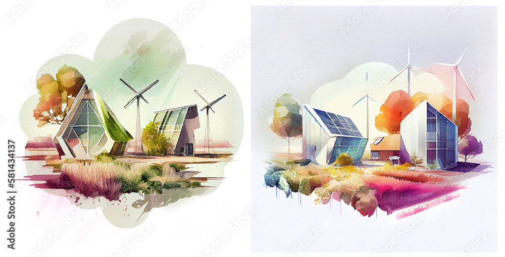 Minimalistic watercolor of ecological urban farm. Generative ai