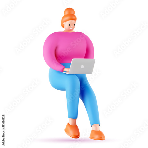 3d vector cartoon character with computer.