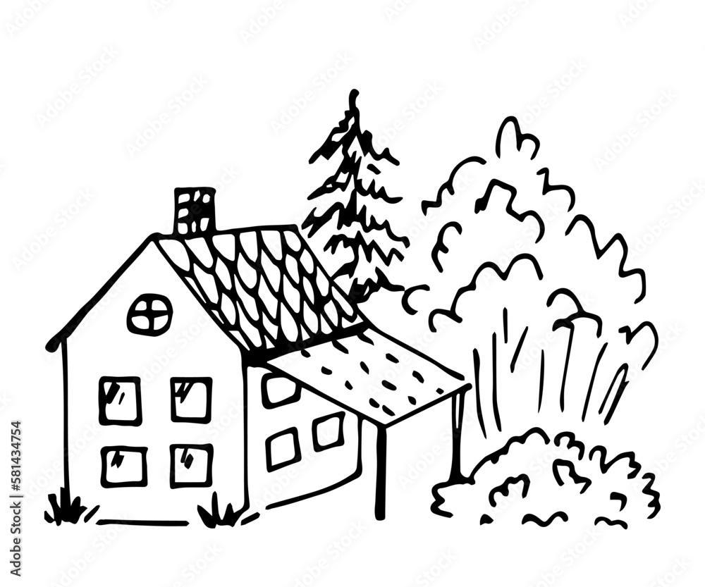 Hand drawn vector drawing in black outline. Rural house in the forest, garden trees, bushes. Country landscape, summer village vacation, nature. Ink sketch. Hand drawn vector drawing in black outline. Rural house in the forest, garden trees, bushes. Country landscape, summer village vacation, nature. Ink sketch.