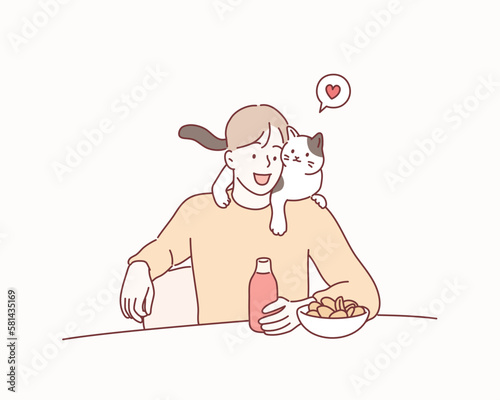 A cat climbing a man's shoulder. Portrait of happy pet owner. Hand drawn style vector design illustrations.