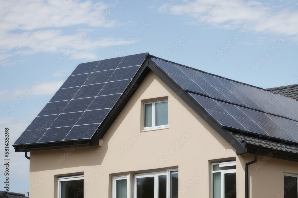 Private house with solar panels on the roof. Environmentally friendly energy, generative ii. Private house with solar panels on the roof. Environmentally friendly energy, generative ii.