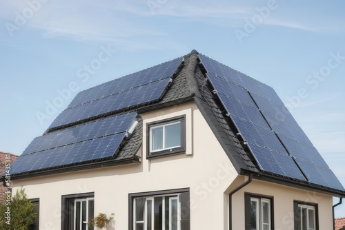 Private house with solar panels on the roof. Environmentally friendly energy, generative ii.