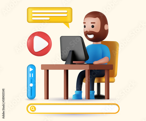 3d vector cartoon character with computer.