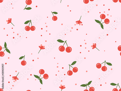Seamless pattern of cherry fruit with green leaves and flower on pink background vector illustration. Cute fruit print.