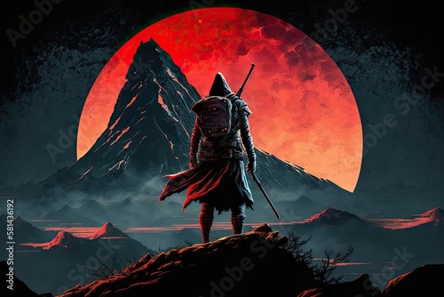 A red moon and a lone ninja stand against the night sky on a mountain. Generative AI