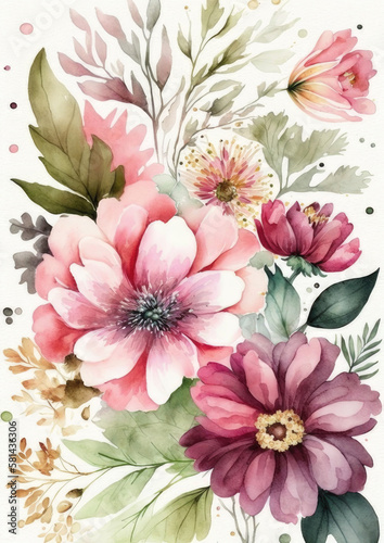 Botanical poster, watercolor painting, created with Generative AI technology. © komaart