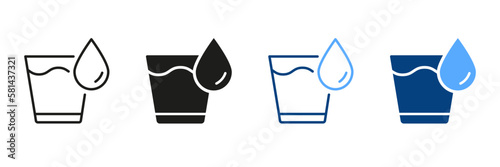 Glass of Water Silhouette and Line Icon Set. Drinking Glass Pictogram. Glassful of Clean Water Black and Color Sign Collection. Isolated Vector illustration