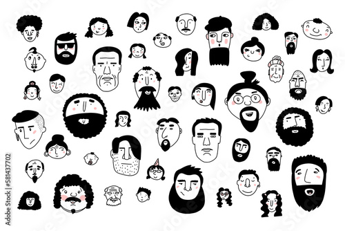 Doodle cute faces set. Hand-drawn outline people isolated on white background. Human Avatar Collection. Cartoon young, old different nationalities women, men. Childrens portrait. Vector illustration