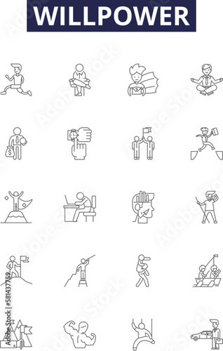 Willpower line vector icons and signs. Resolve, Persevere, Endurance, Tenacity, Strength, Grit, Fortitude, Self-control outline vector illustration set