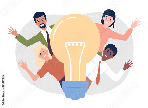 Team working over idea flat concept vector spot illustration. Young entrepreneurs. Editable 2D cartoon characters on white for web design. Startup teamwork creative idea for website, mobile app