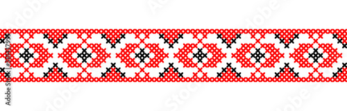 Ukrainian folk, ethnic pattern. Vector ornament, seamless border. Ukrainian folk, ethnic geometric embroidery. Pattern in red and black colors. Pixel art, vyshyvanka, cross stitch