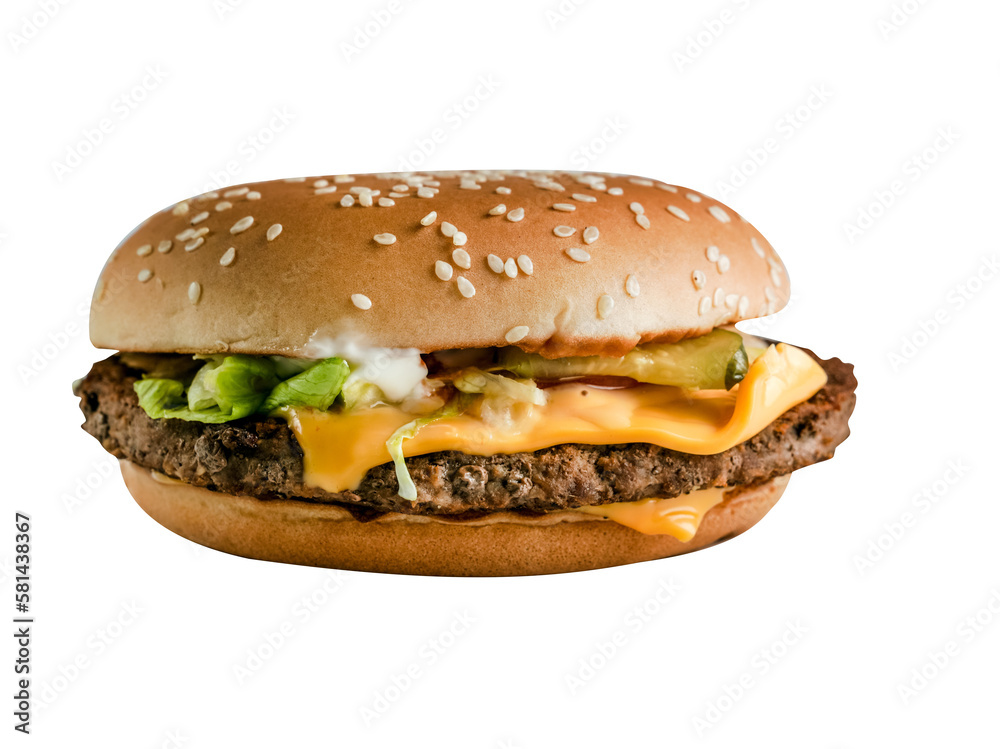 burger with roast beef and cheddar cheese in a bun with sesame seeds on a transparent background