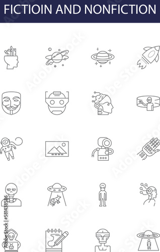 Fictioin and nonfiction line vector icons and signs. fiction, literature, book, novel, library, concept, education,story outline vector illustration set
