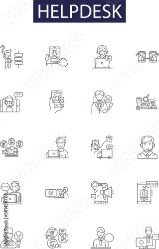 Helpdesk line vector icons and signs. Support, Technical, Assistance, Desk, Answer, Solution, Advice, Resolve outline vector illustration set
