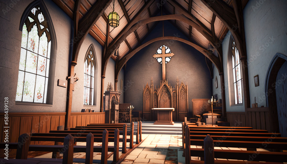 Fototapeta premium The Peaceful Chapel, An Intimate View of a Small Church, Generative AI