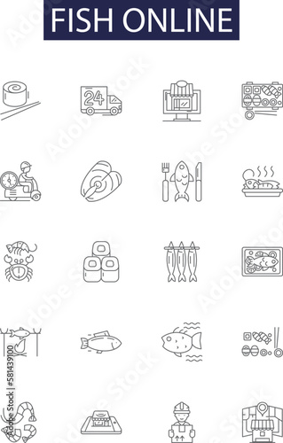 Fish online line vector icons and signs. Online, Buy, Sell, Marketplace, Marketplace, Supply, Shop, Distributor outline vector illustration set