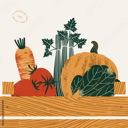 Fresh vegetables in a wooden box. Pumpkin with celery and carrot with spinach and tomatoes. Vector illustration. 