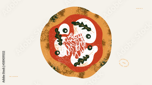 Traditional Italian pizza. Pizza with mozzarella cheese and rocket salad with olives and prosciutto. Textured vector illustration. 