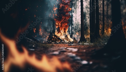 fire in the forest, ILLUSTRATIVE EDITORIAL ISSUE, GENERATIVE AI