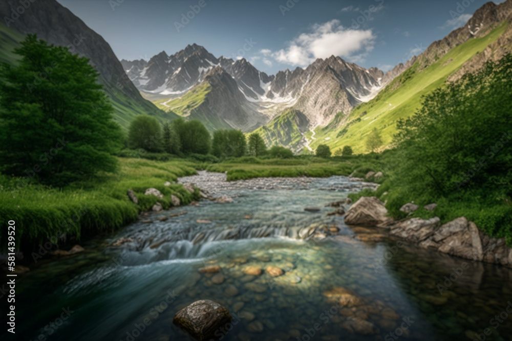 A river flows through a forest with mountains in the background, representing the power and beauty of natural waterways