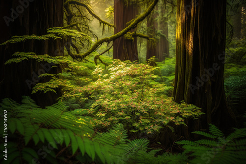 a redwood forest with an explanation of the carbon sequestration benefits of old-growth forests
