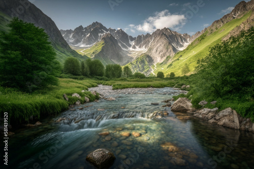 A river flows through a forest with mountains in the background, representing the power and beauty of natural waterways