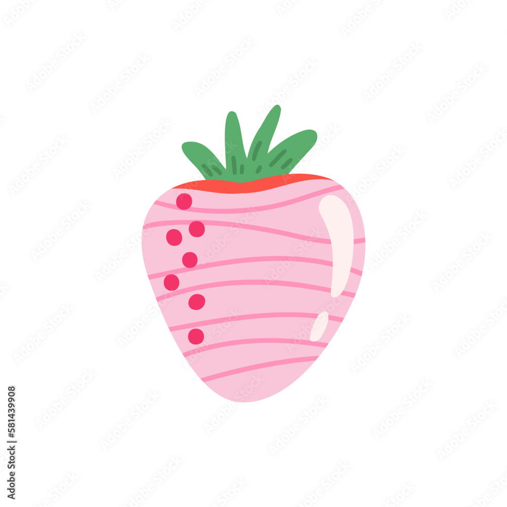 Strawberry in pink chocolate. Vector Illustration for printing, backgrounds, covers and packaging. Image can be used for greeting cards, posters, stickers and textile. Isolated on white background.