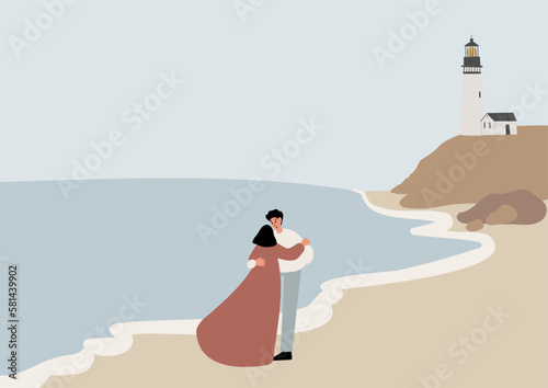 beach poster clipart, coastal wall art print, printable vector couple illustration, woman flying seagull sea lion lighthouse clip art, digital download images in flat cartoon style.
