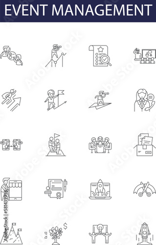 Event management line vector icons and signs. business, manager, logistics, transportation, management, audience, woman,meeting outline vector illustration set