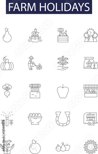 Farm holidays line vector icons and signs. Holidays, Vacation, Rural, Agritourism, Relaxation, Equestrian, Countryside, Getaway outline vector illustration set