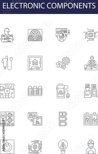 Electronic components line vector icons and signs. Resistors, Diodes, Capacitors, LEDs, Relays, Converters, Amplifiers, Oscillators outline vector illustration set photo