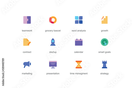 Business planning concept of web icons set in color flat design. Pack of teamwork, swot analysis, growth, contract, startup, calendar, smart goal, marketing and other. Vector pictograms for mobile app