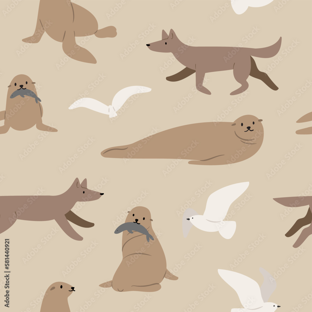 coastal seamless pattern, flying seagull digital paper, sea lion scrapbook paper, wave background, woman illustration clipart, ocean beach vector images in flat cartoon style.