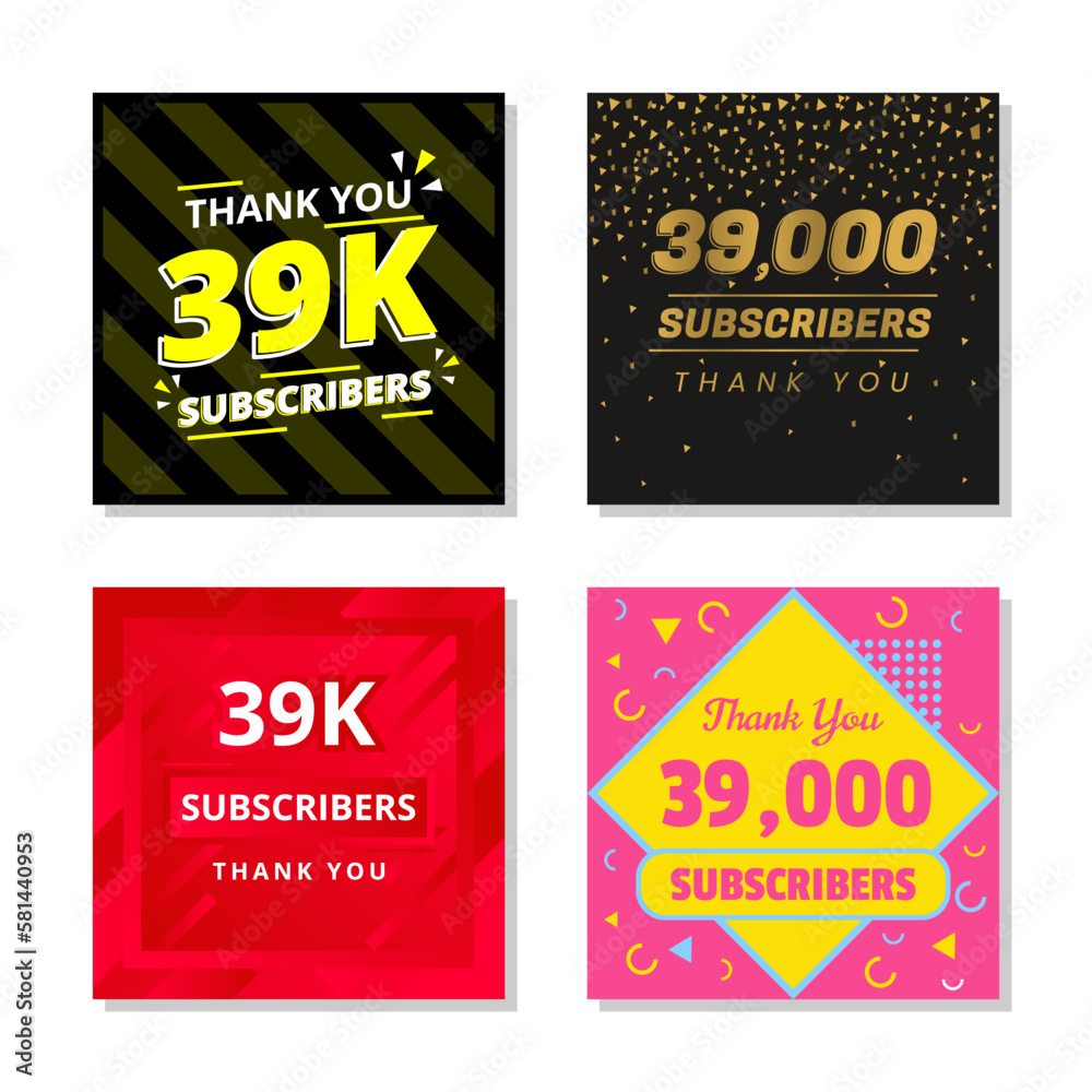 Thank you 39k subscribers set template vector. 39000 subscribers. 39k subscribers colorful design vector. thank you thirty nine thousand subscribers