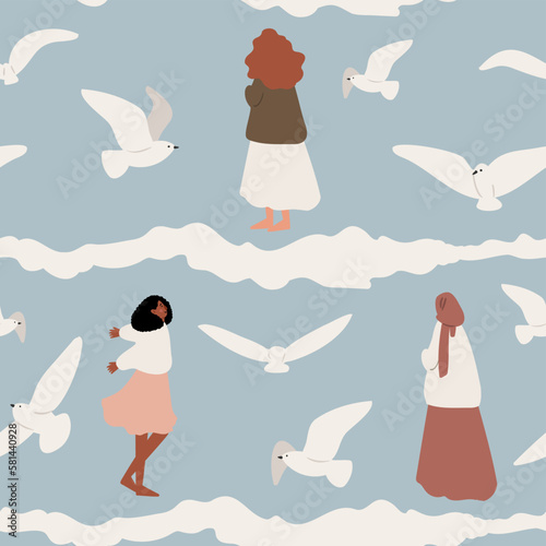 coastal seamless pattern, flying seagull digital paper, sea lion scrapbook paper, wave background, woman illustration clipart, ocean beach vector images in flat cartoon style.