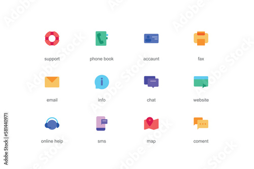 Contact us concept of web icons set in color flat design. Pack of support, phone book, account, fax, email, info, chat, online, help, sms, map, comment and other. Vector pictograms for mobile app